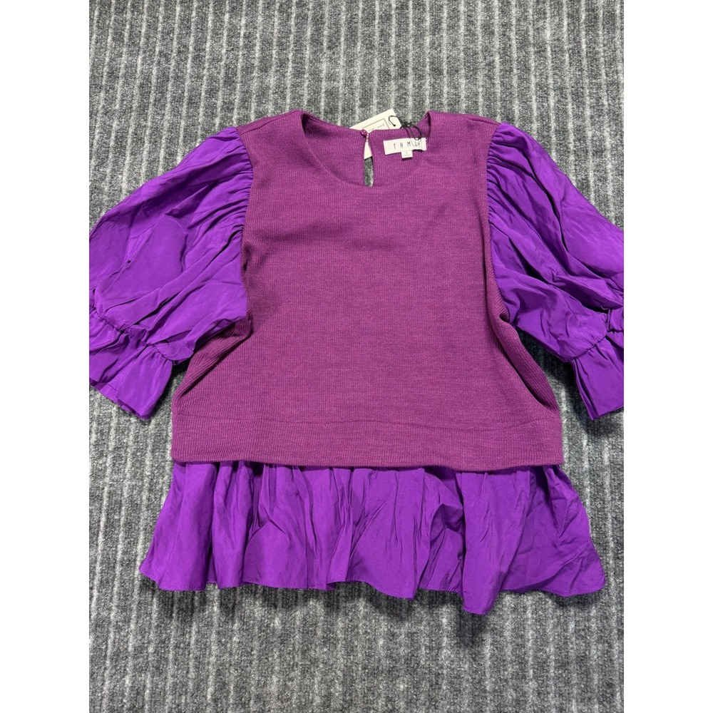 THML Top Women L Ruffle Hem Puff Sleeve Regencycore Feminine Contemporary